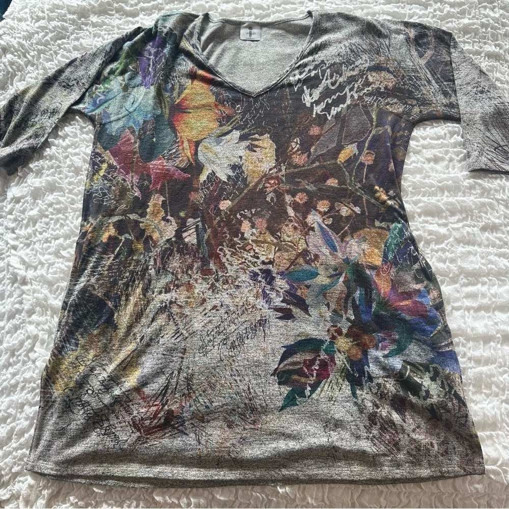 Inoah Abstract Tunic Top XL Pocket Oversized Artsy Print Boho